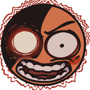 an emoji face pictured vibrating with rage and screaming, half of their face concealed in darkness while one eye glows white hot. it has a red-orange skintone